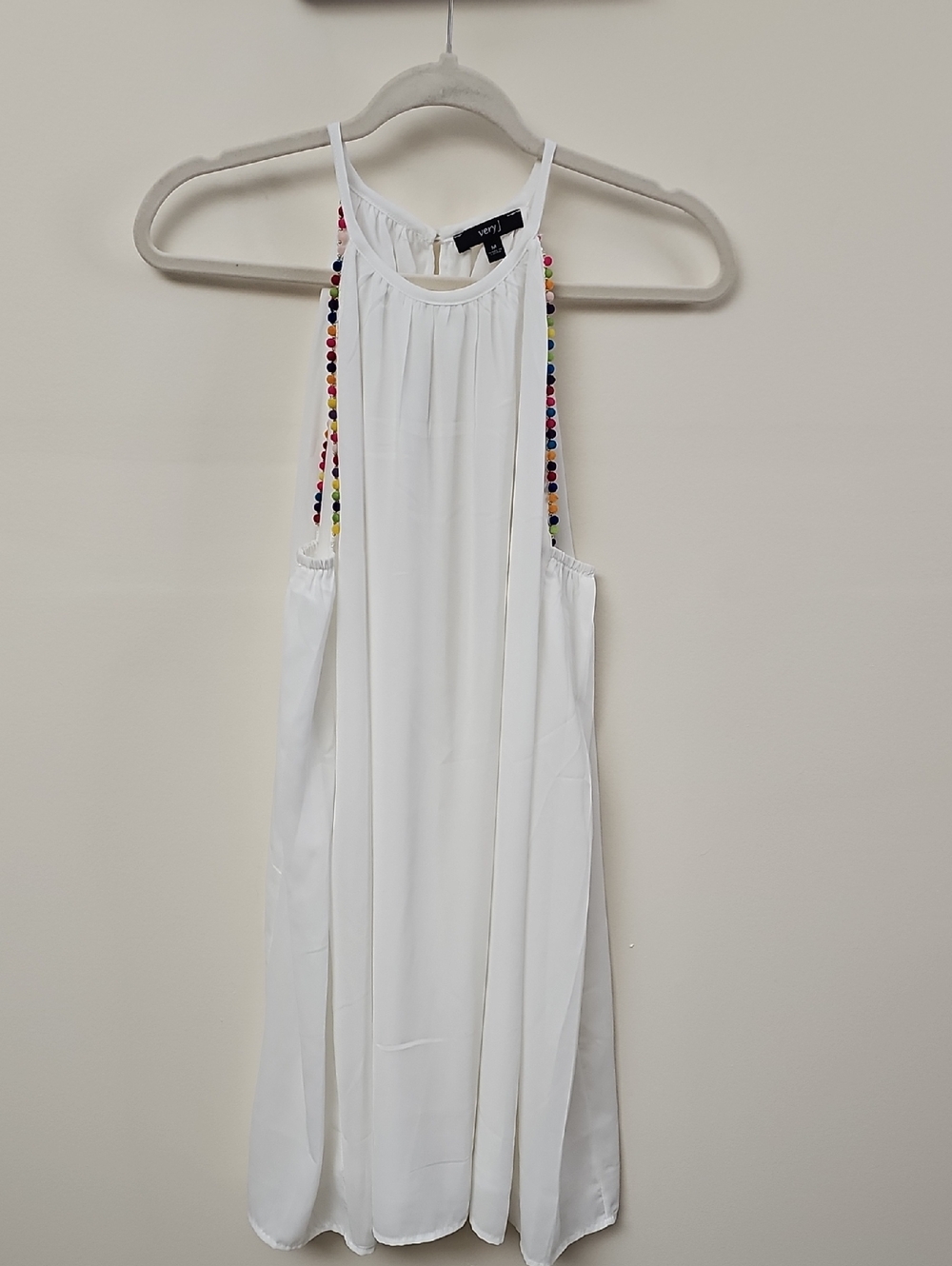 Very J White Halter Mini Dress with Multicolor Pom Trim SZ M